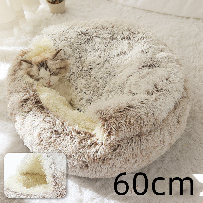 2-in-1 Dog & Cat Bed – Round Plush Winter Warm Pet House with Soft Long Plush Cushion