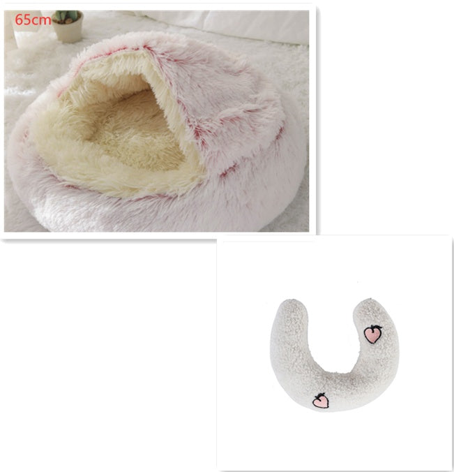 2-in-1 Dog & Cat Bed – Round Plush Winter Warm Pet House with Soft Long Plush Cushion