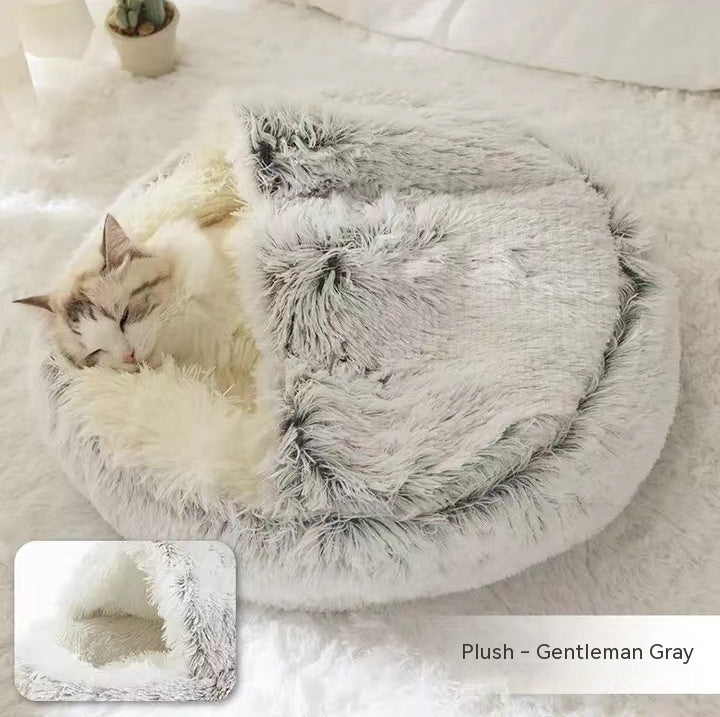 2-in-1 Dog & Cat Bed – Round Plush Winter Warm Pet House with Soft Long Plush Cushion