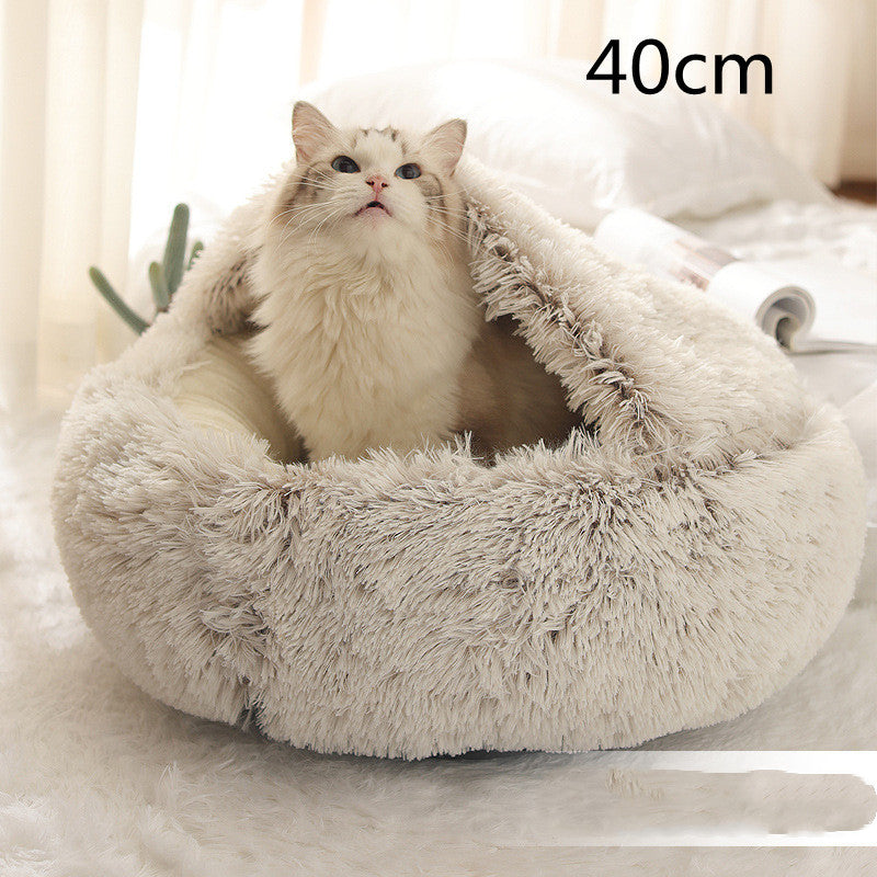 2-in-1 Dog & Cat Bed – Round Plush Winter Warm Pet House with Soft Long Plush Cushion