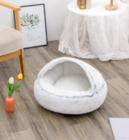 2-in-1 Dog & Cat Bed – Round Plush Winter Warm Pet House with Soft Long Plush Cushion