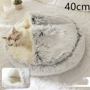 2-in-1 Dog & Cat Bed – Round Plush Winter Warm Pet House with Soft Long Plush Cushion