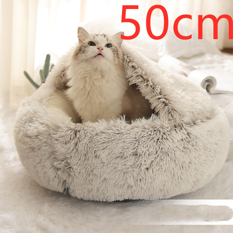2-in-1 Dog & Cat Bed – Round Plush Winter Warm Pet House with Soft Long Plush Cushion