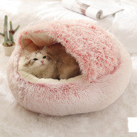 2-in-1 Dog & Cat Bed – Round Plush Winter Warm Pet House with Soft Long Plush Cushion
