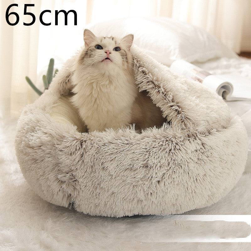 2-in-1 Dog & Cat Bed – Round Plush Winter Warm Pet House with Soft Long Plush Cushion
