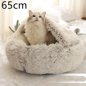 2-in-1 Dog & Cat Bed – Round Plush Winter Warm Pet House with Soft Long Plush Cushion