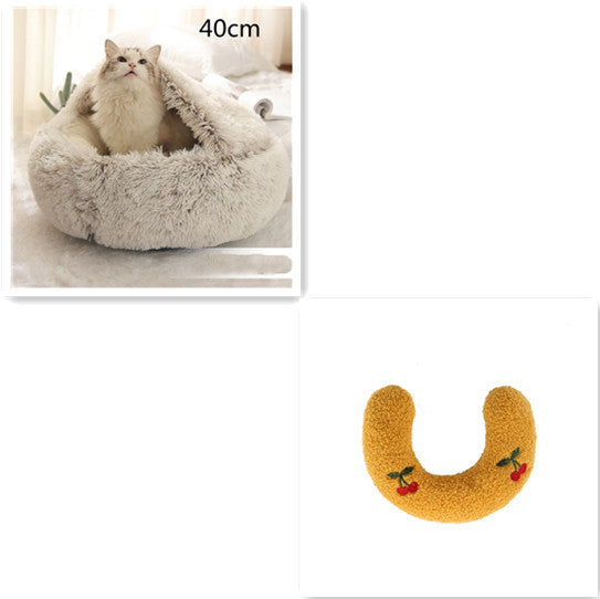 2-in-1 Dog & Cat Bed – Round Plush Winter Warm Pet House with Soft Long Plush Cushion