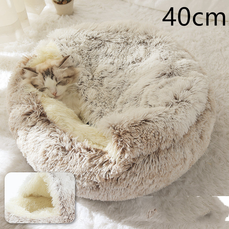 2-in-1 Dog & Cat Bed – Round Plush Winter Warm Pet House with Soft Long Plush Cushion