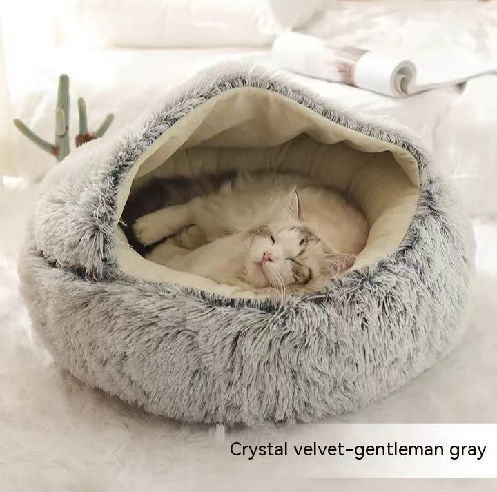 2-in-1 Dog & Cat Bed – Round Plush Winter Warm Pet House with Soft Long Plush Cushion