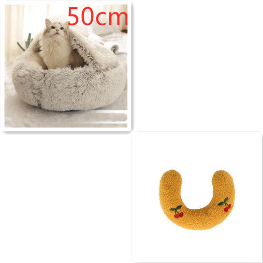 2-in-1 Dog & Cat Bed – Round Plush Winter Warm Pet House with Soft Long Plush Cushion