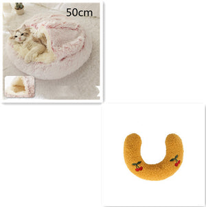 2-in-1 Dog & Cat Bed – Round Plush Winter Warm Pet House with Soft Long Plush Cushion
