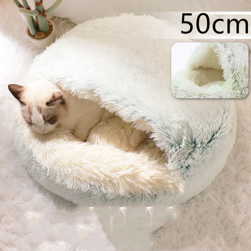 2-in-1 Dog & Cat Bed – Round Plush Winter Warm Pet House with Soft Long Plush Cushion