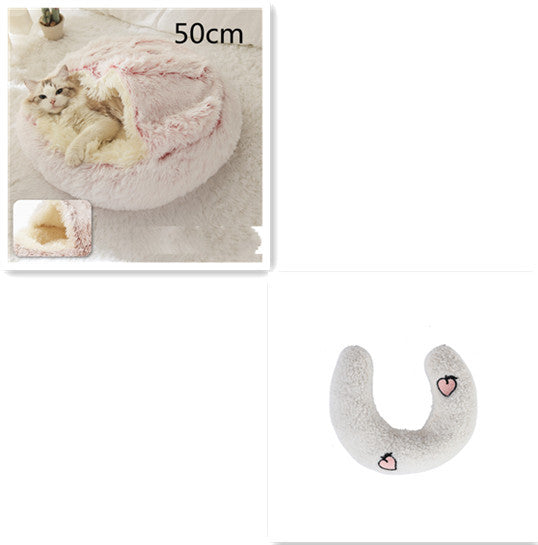 2-in-1 Dog & Cat Bed – Round Plush Winter Warm Pet House with Soft Long Plush Cushion