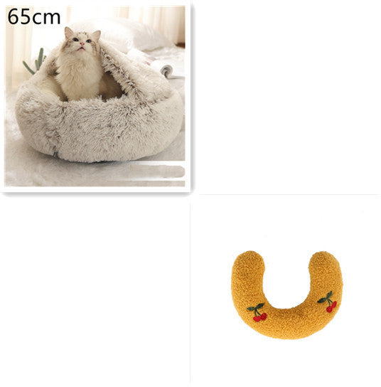 2-in-1 Dog & Cat Bed – Round Plush Winter Warm Pet House with Soft Long Plush Cushion