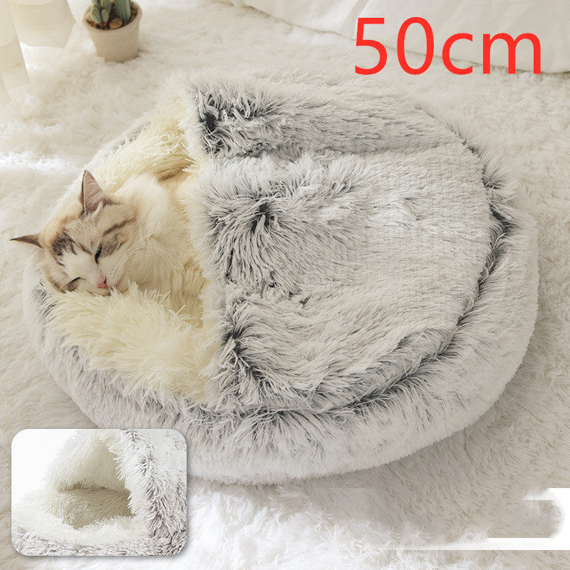 2-in-1 Dog & Cat Bed – Round Plush Winter Warm Pet House with Soft Long Plush Cushion