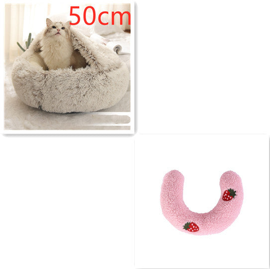 2-in-1 Dog & Cat Bed – Round Plush Winter Warm Pet House with Soft Long Plush Cushion