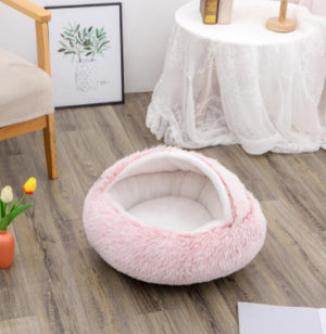 2-in-1 Dog & Cat Bed – Round Plush Winter Warm Pet House with Soft Long Plush Cushion