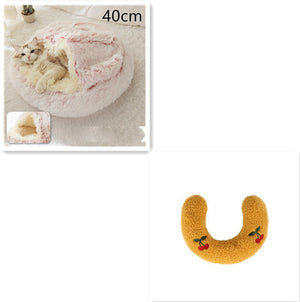 2-in-1 Dog & Cat Bed – Round Plush Winter Warm Pet House with Soft Long Plush Cushion