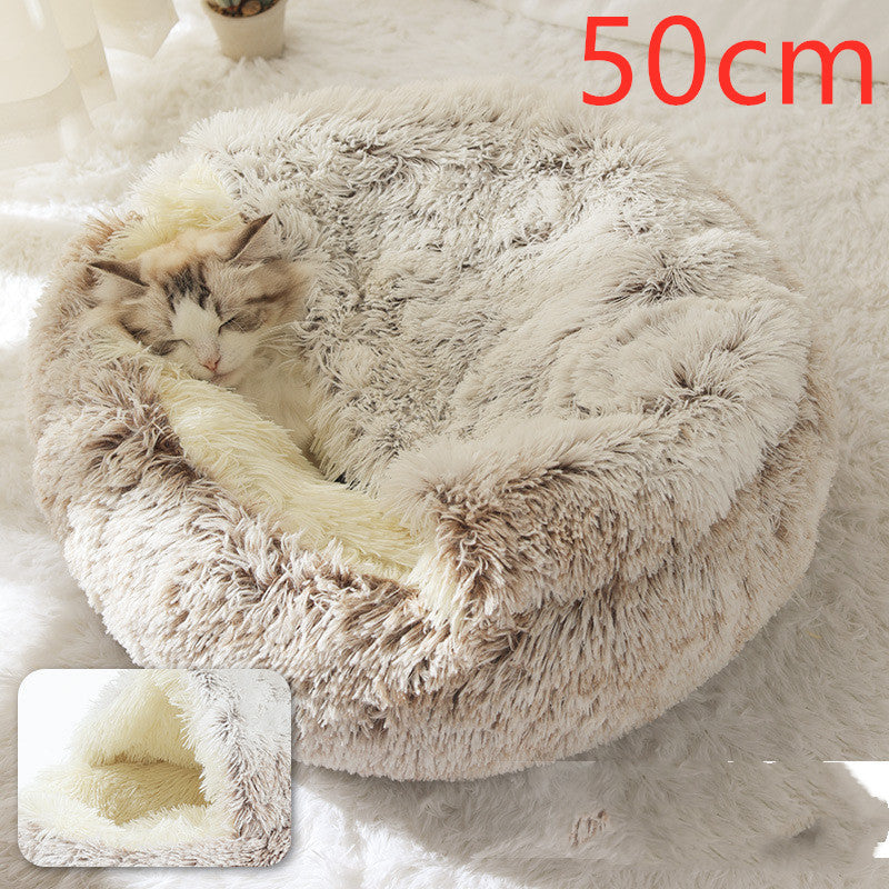 2-in-1 Dog & Cat Bed – Round Plush Winter Warm Pet House with Soft Long Plush Cushion