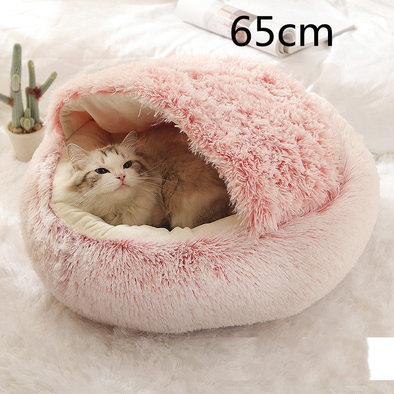 2-in-1 Dog & Cat Bed – Round Plush Winter Warm Pet House with Soft Long Plush Cushion
