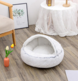 2-in-1 Dog & Cat Bed – Round Plush Winter Warm Pet House with Soft Long Plush Cushion