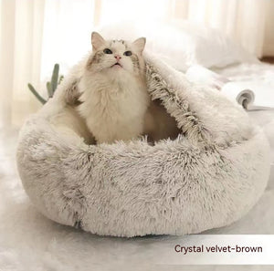 2-in-1 Dog & Cat Bed – Round Plush Winter Warm Pet House with Soft Long Plush Cushion