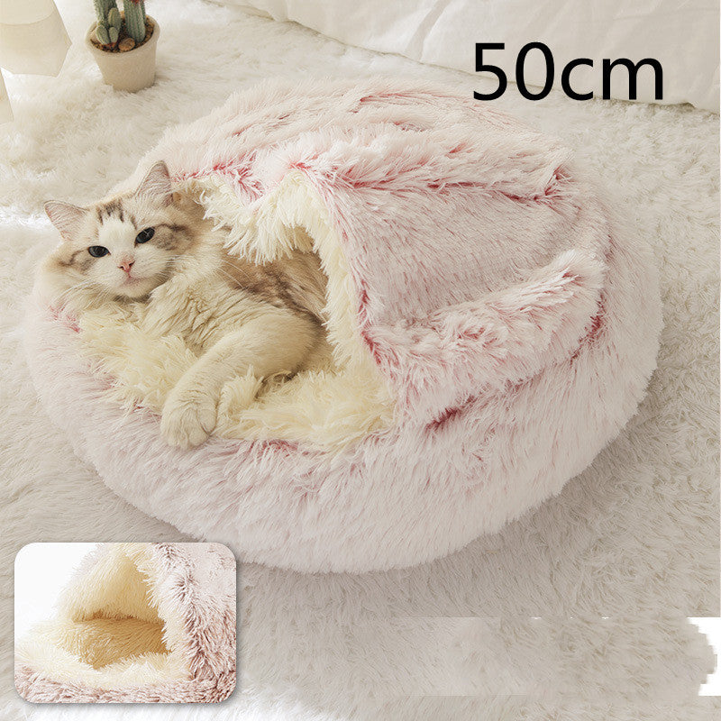 2-in-1 Dog & Cat Bed – Round Plush Winter Warm Pet House with Soft Long Plush Cushion