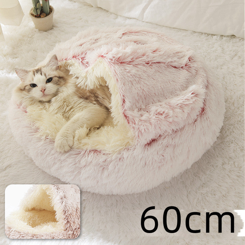2-in-1 Dog & Cat Bed – Round Plush Winter Warm Pet House with Soft Long Plush Cushion