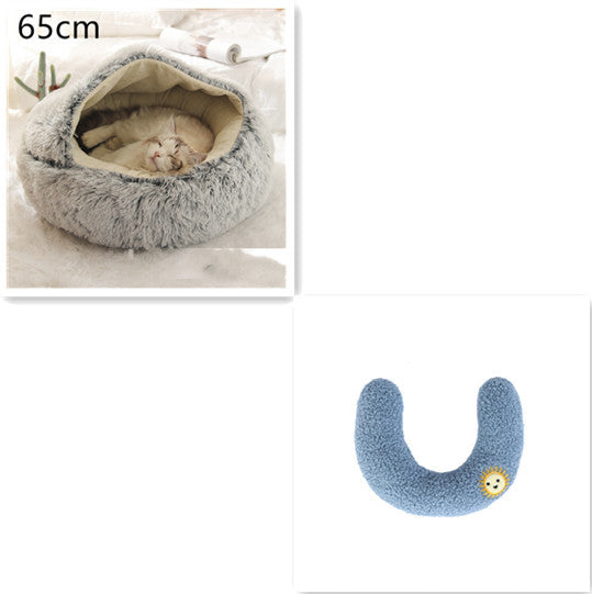 2-in-1 Dog & Cat Bed – Round Plush Winter Warm Pet House with Soft Long Plush Cushion