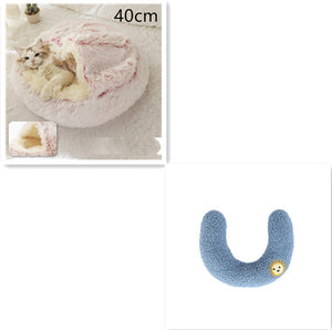 2-in-1 Dog & Cat Bed – Round Plush Winter Warm Pet House with Soft Long Plush Cushion