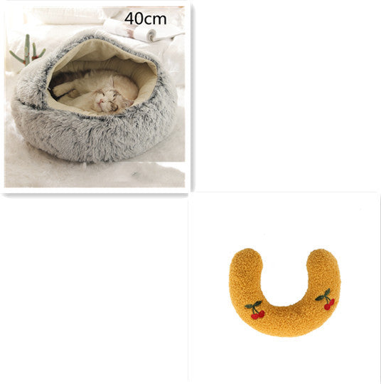2-in-1 Dog & Cat Bed – Round Plush Winter Warm Pet House with Soft Long Plush Cushion