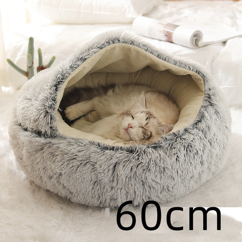 2-in-1 Dog & Cat Bed – Round Plush Winter Warm Pet House with Soft Long Plush Cushion