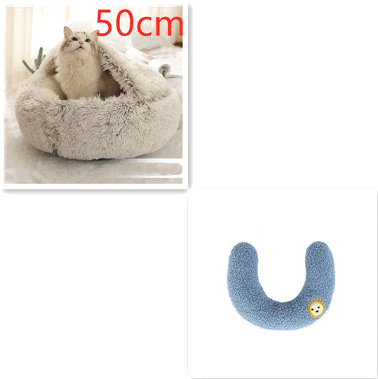 2-in-1 Dog & Cat Bed – Round Plush Winter Warm Pet House with Soft Long Plush Cushion