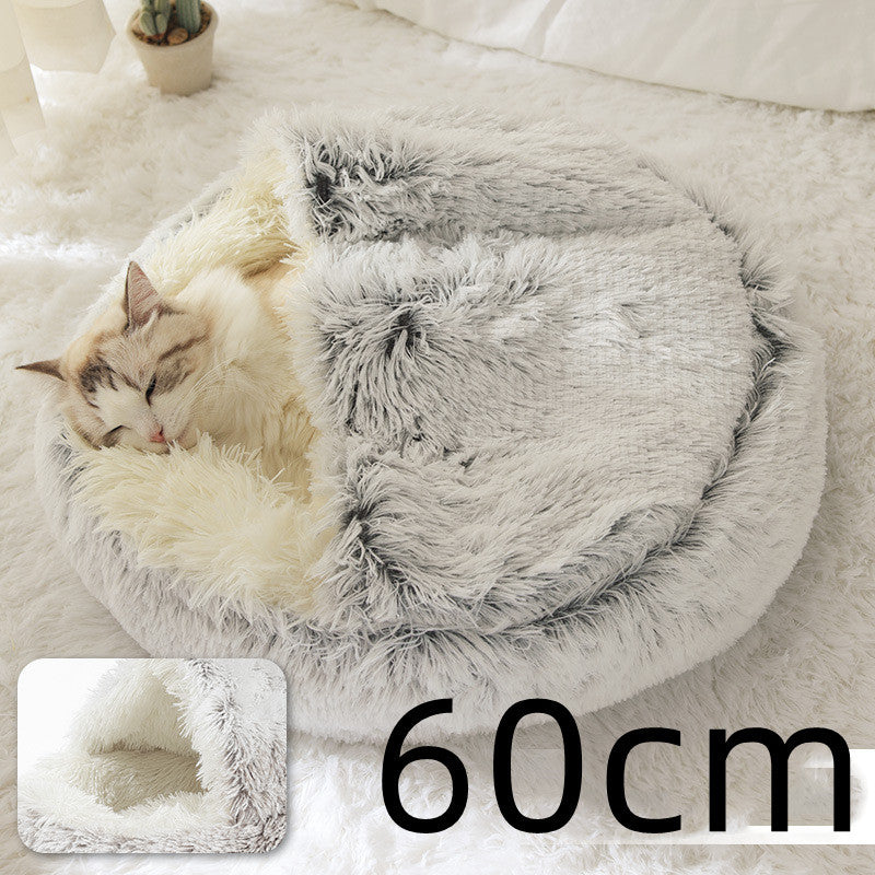 2-in-1 Dog & Cat Bed – Round Plush Winter Warm Pet House with Soft Long Plush Cushion
