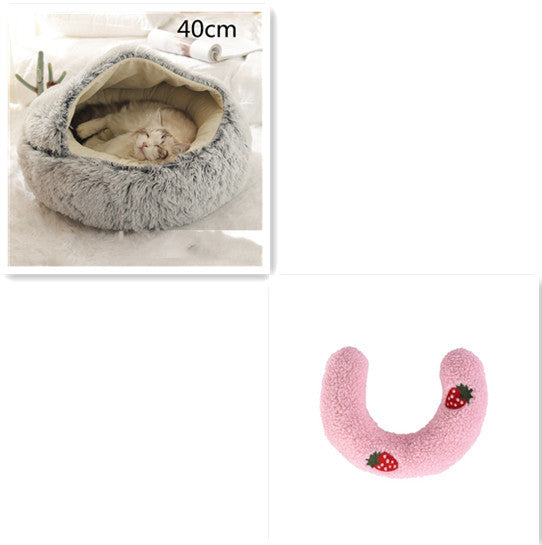 2-in-1 Dog & Cat Bed – Round Plush Winter Warm Pet House with Soft Long Plush Cushion
