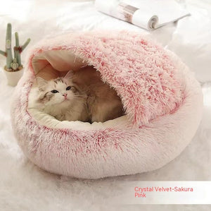 2-in-1 Dog & Cat Bed – Round Plush Winter Warm Pet House with Soft Long Plush Cushion