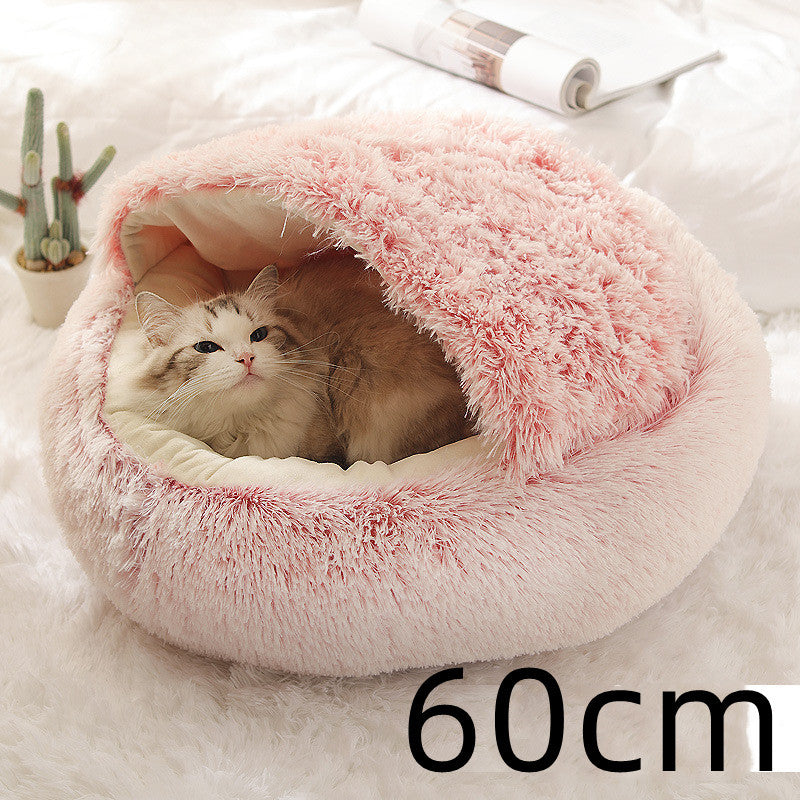 2-in-1 Dog & Cat Bed – Round Plush Winter Warm Pet House with Soft Long Plush Cushion