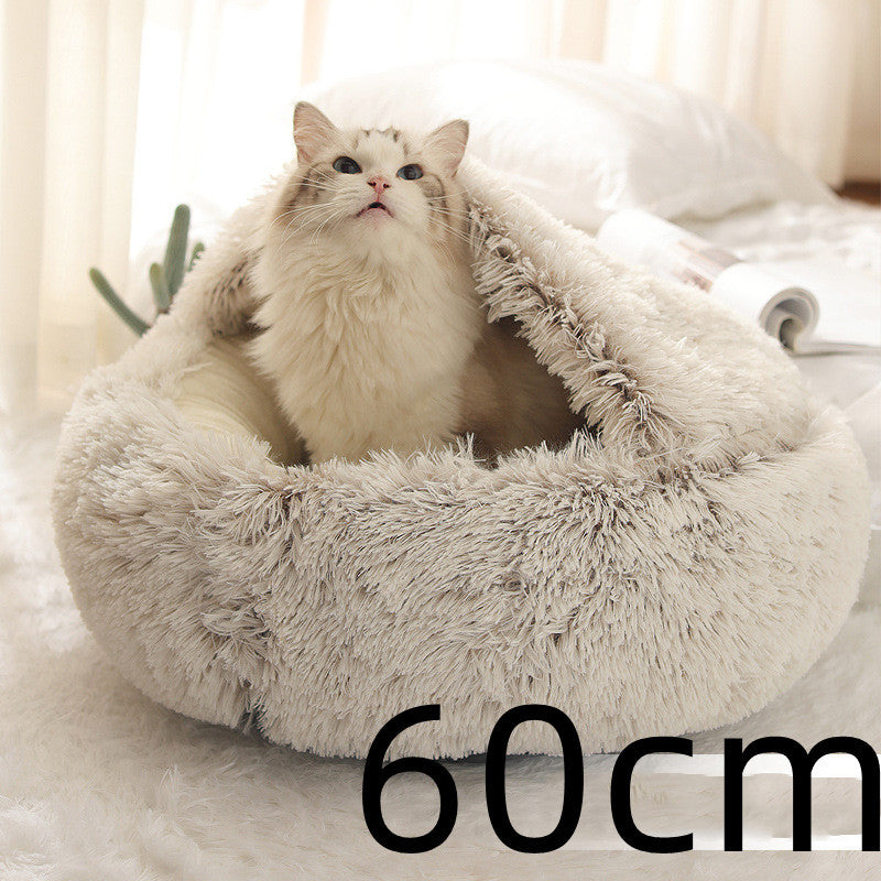 2-in-1 Dog & Cat Bed – Round Plush Winter Warm Pet House with Soft Long Plush Cushion
