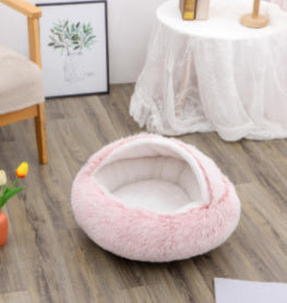 2-in-1 Dog & Cat Bed – Round Plush Winter Warm Pet House with Soft Long Plush Cushion