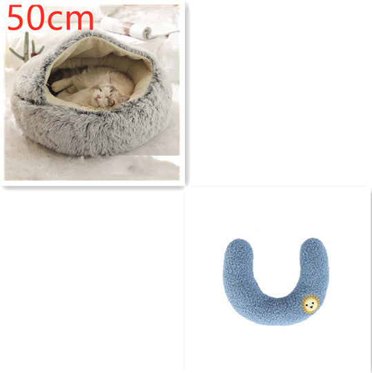 2-in-1 Dog & Cat Bed – Round Plush Winter Warm Pet House with Soft Long Plush Cushion