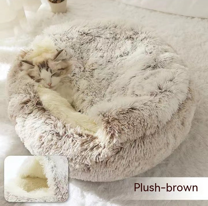 2-in-1 Dog & Cat Bed – Round Plush Winter Warm Pet House with Soft Long Plush Cushion