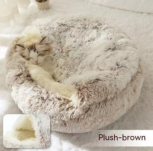 2-in-1 Dog & Cat Bed – Round Plush Winter Warm Pet House with Soft Long Plush Cushion