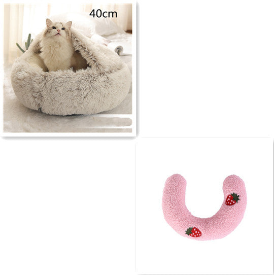 2-in-1 Dog & Cat Bed – Round Plush Winter Warm Pet House with Soft Long Plush Cushion